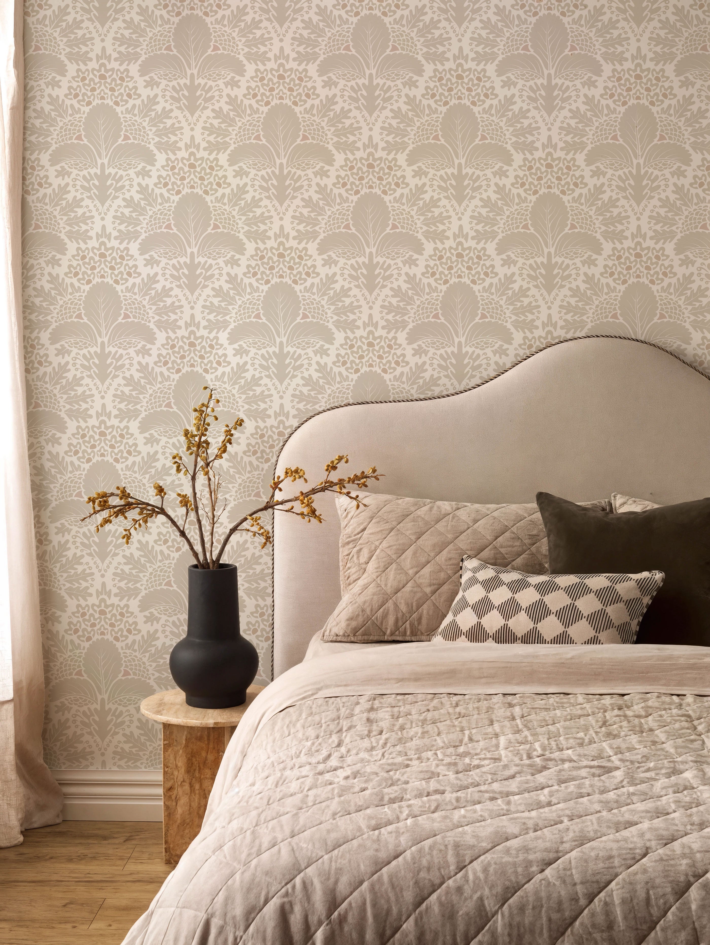 Beige Botanical Damask Wallpaper